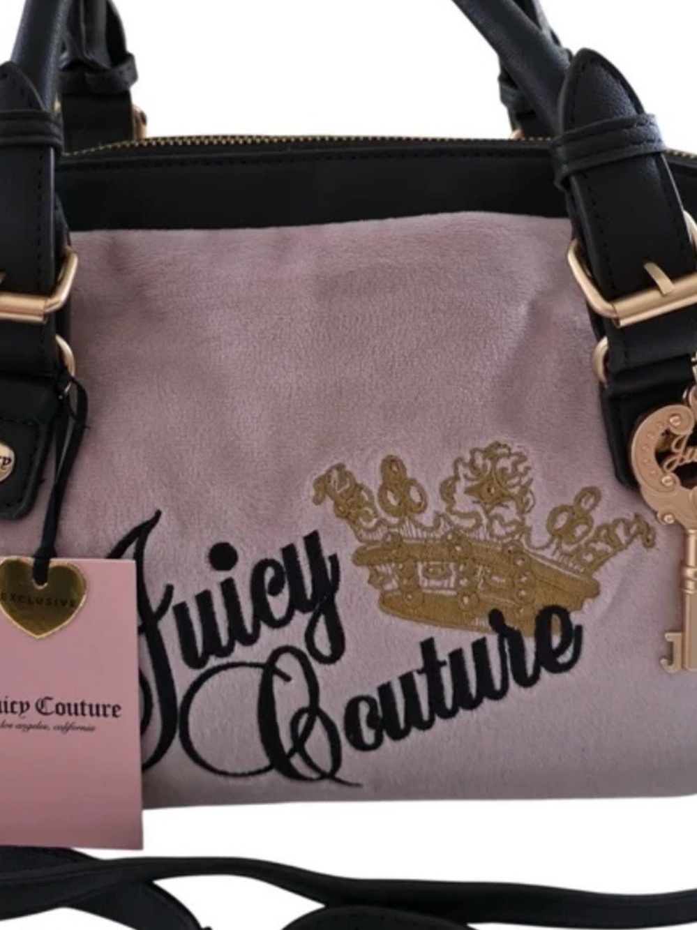 Juicy Couture Pink Velvet Satchel with Brown Script & Gold Crown - NWT
